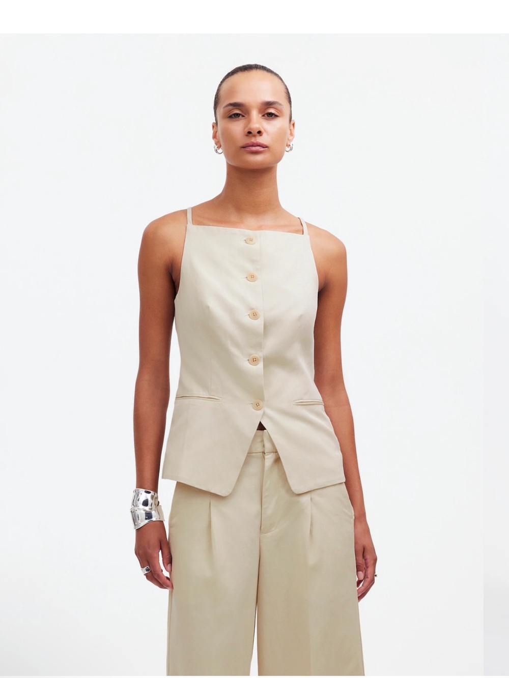 Madewell Square-Neck Cream Button-Front Linen Vest Size: 4